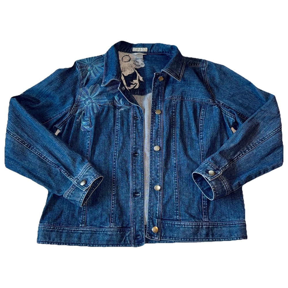 Christopher & Banks Womens Embroidered Jean Jacket Large‎ Denim Floral